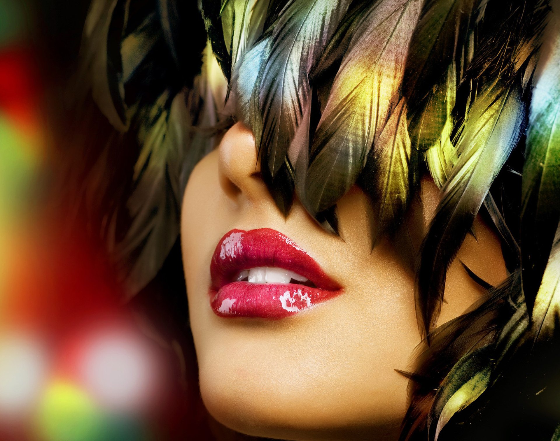 girl face feathers lips lipstick