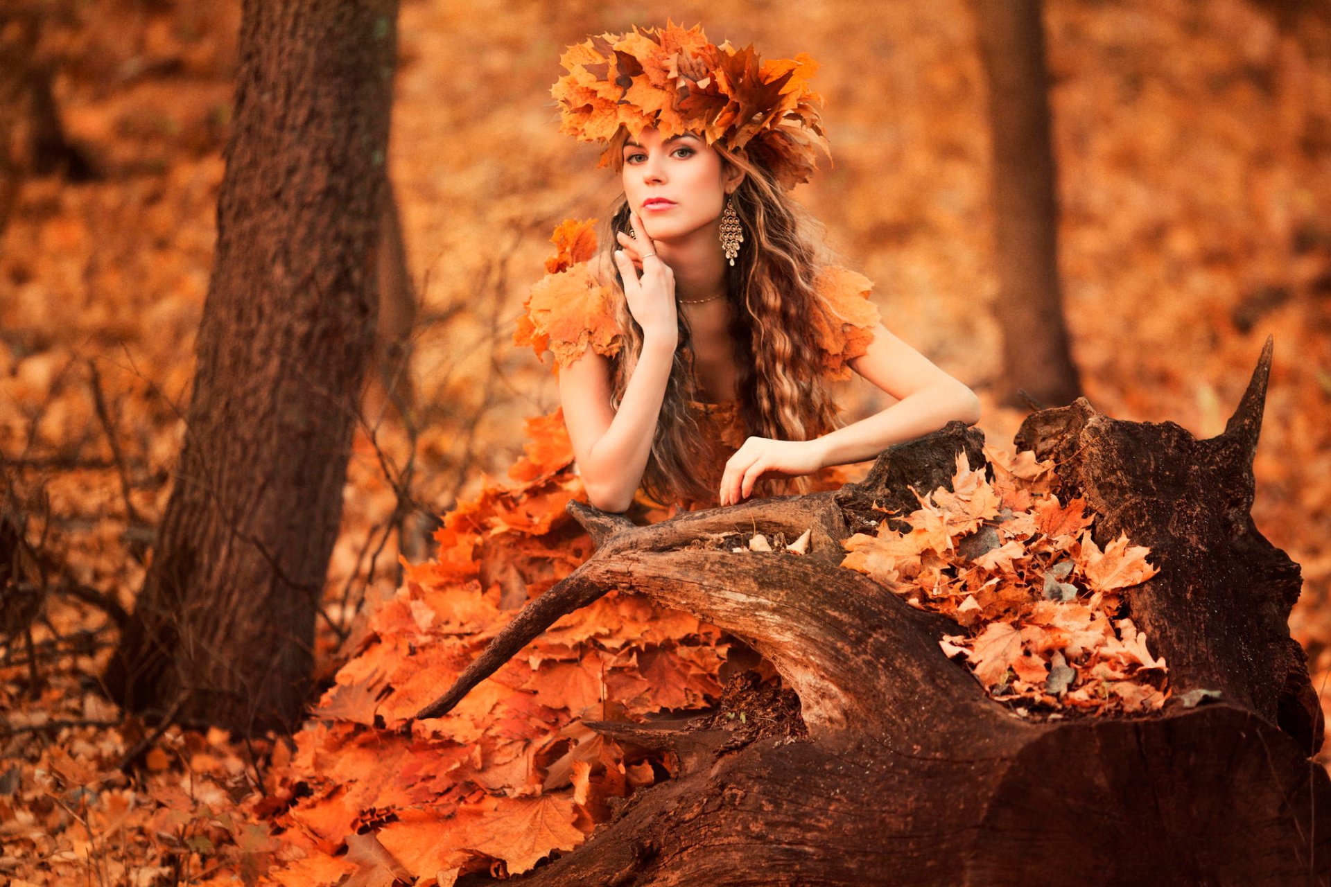 autumn style sad time leaves girl wreath forest