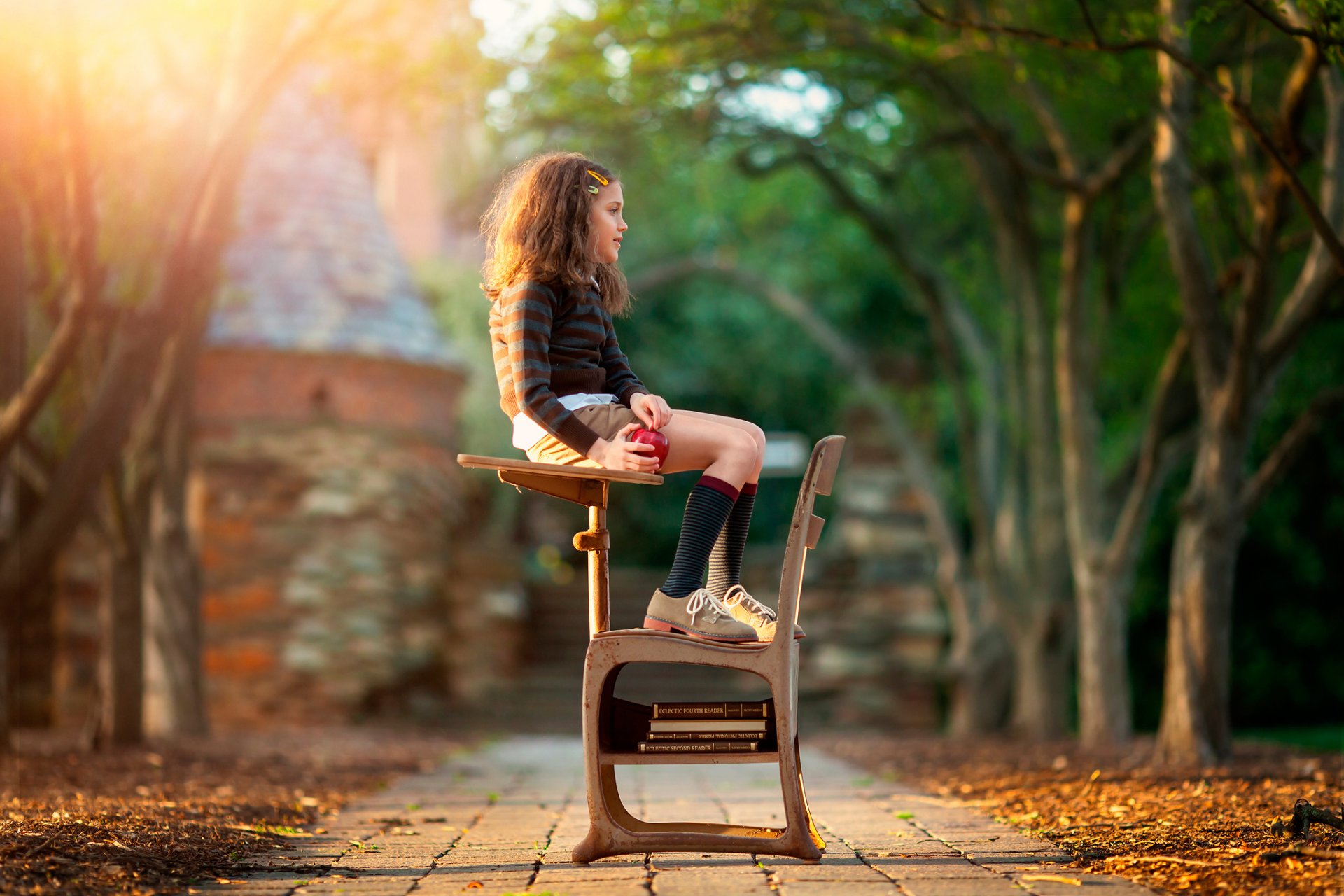 chool day daydreaming girl schoolgirl books apple child photography