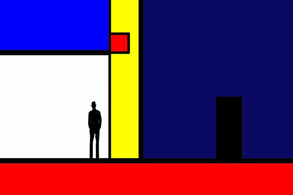 Abstraction avec la figure de l homme sur fond de carrés bleus et jaunes