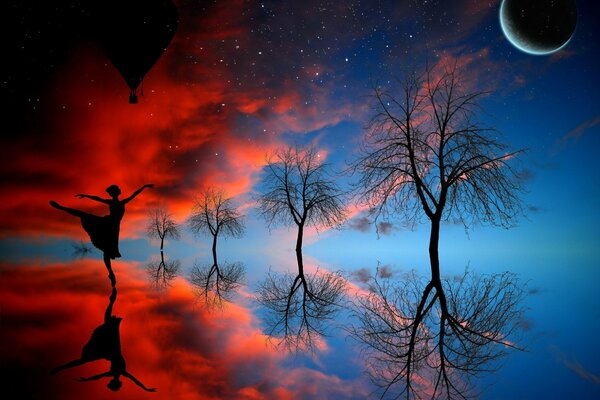 A ballerina dances against the background of a lake in the moonlight