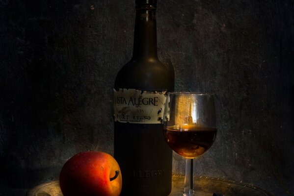 Still life - wine, glass and apple