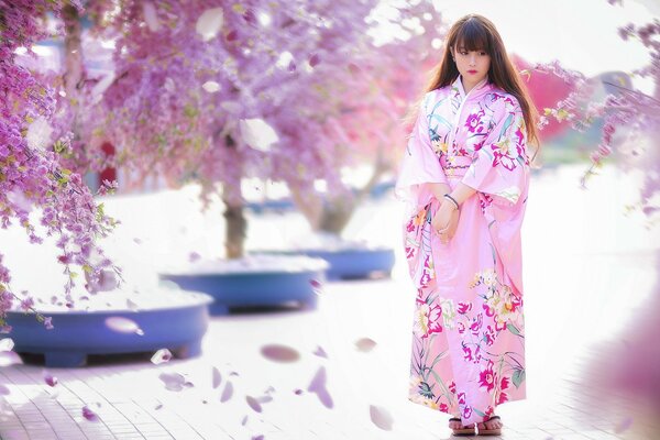 Girl in the garden in spring