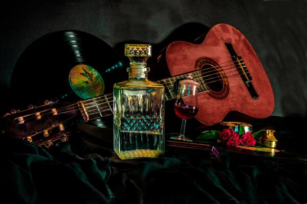 Art mexico with guitar and tequila