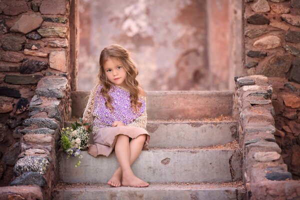 A pastel image. A girl with a bouquet of flowers is sitting on the stairs