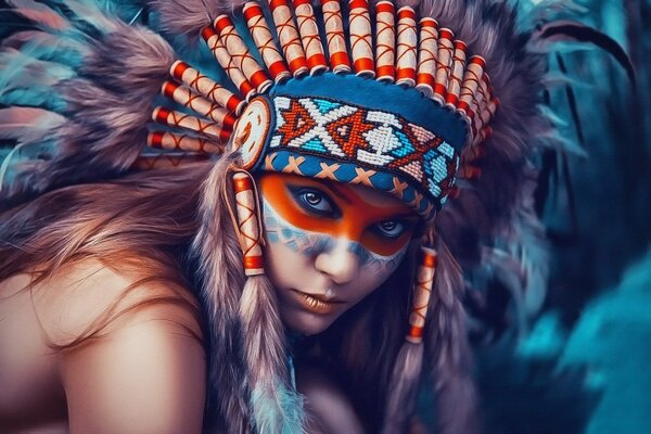 A girl in an Indian headdress with feathers