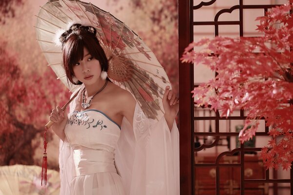 Femme asiatique en robe blanche et parapluie dans le parc