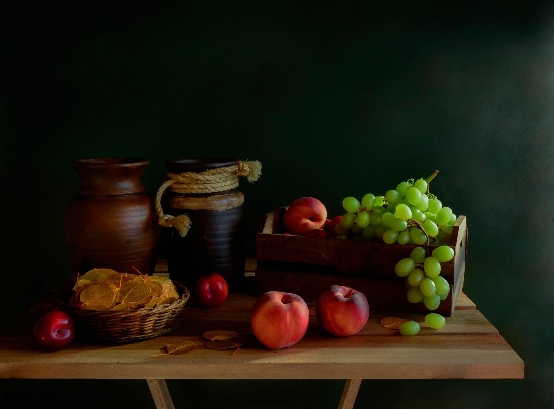 till life table grapes pitcher peache