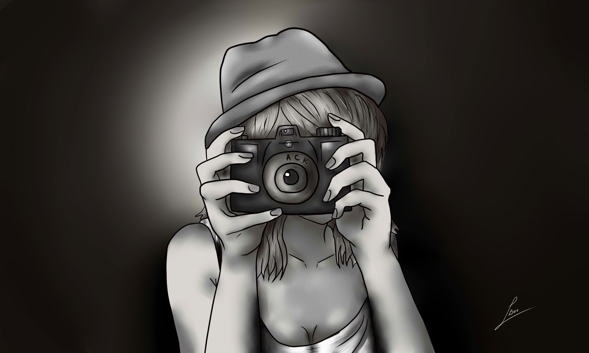 girl picture a camera hat hands anime comic