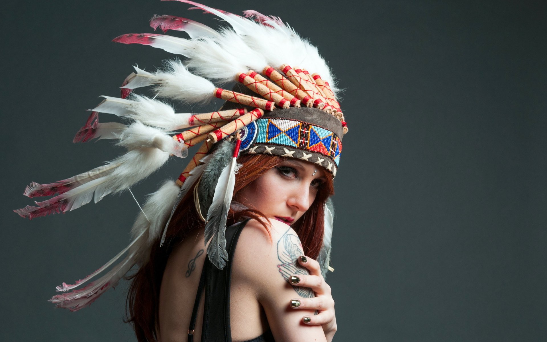 girl model red hair red view intrigue style the image headwear feather feathers tattoo background