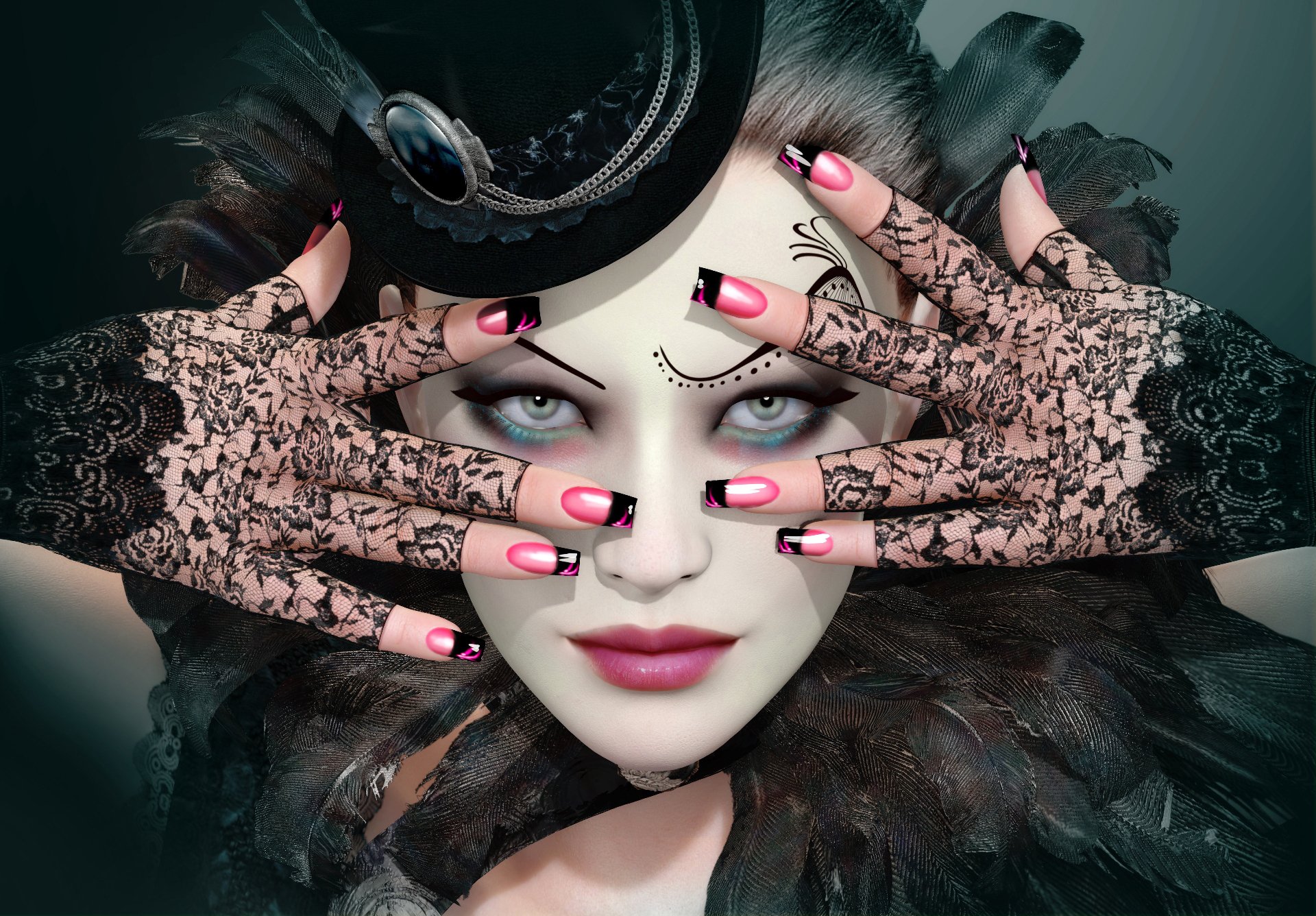 girl hat face make-up gloves rendering