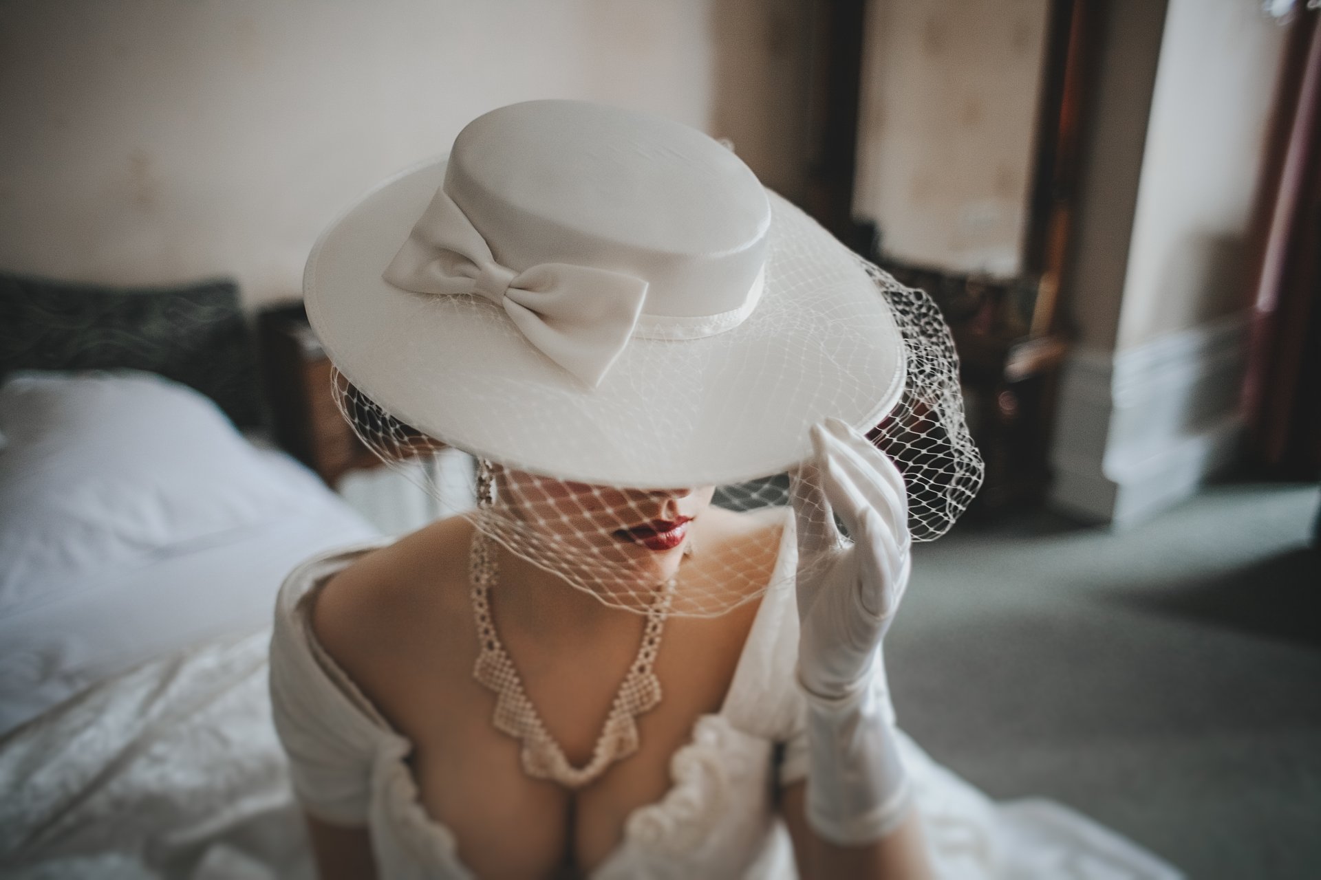 bride hat white ribbon . glove. necklace