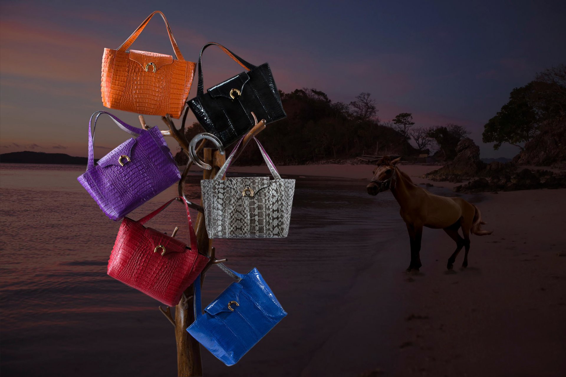 publicité commercial concept fer à cheval collection sacs mer coucher de soleil sacs à main fers à cheval