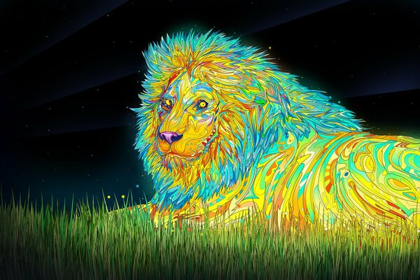 A multicolored lion on the green grass