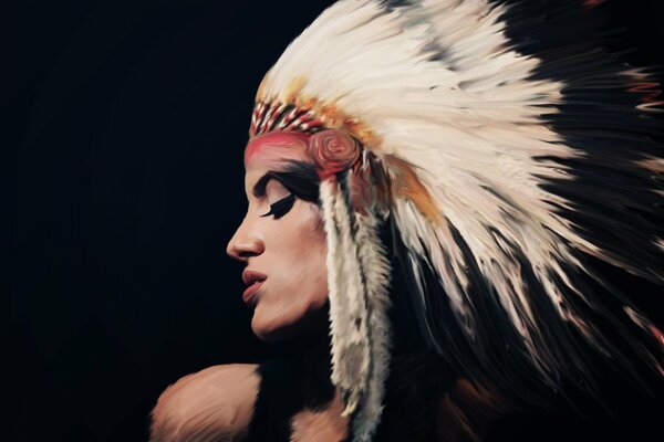 The face of a girl with an Indian headdress