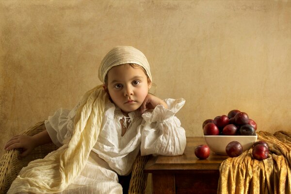 In the artistic style of a girl and plums