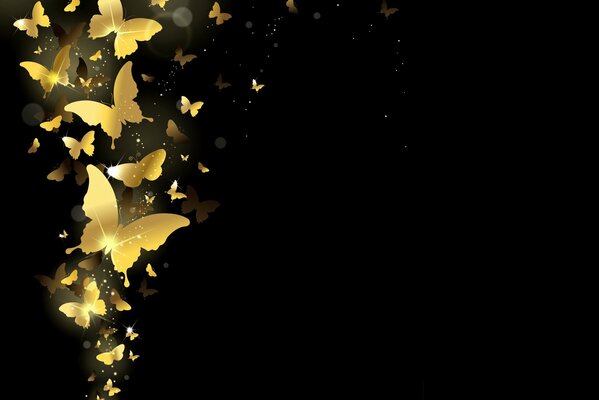 Sparkling golden butterflies on a black background