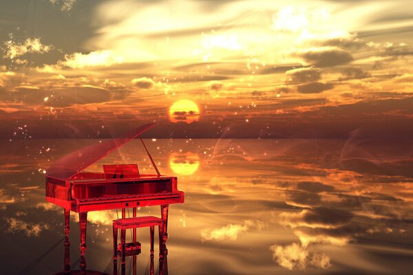 Piano à queue sur fond de coucher de soleil