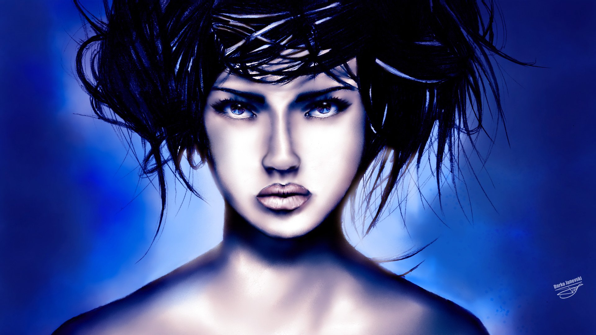 girl style face view art hair hair style lips. blue background