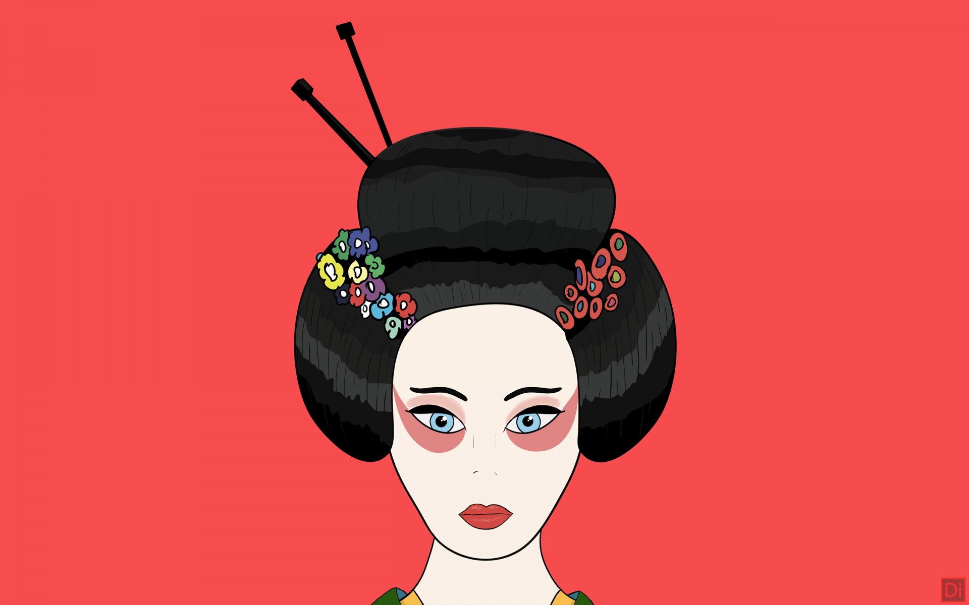 minimalismo geisha di figura rosso giappone capelli fiori kimono labbra