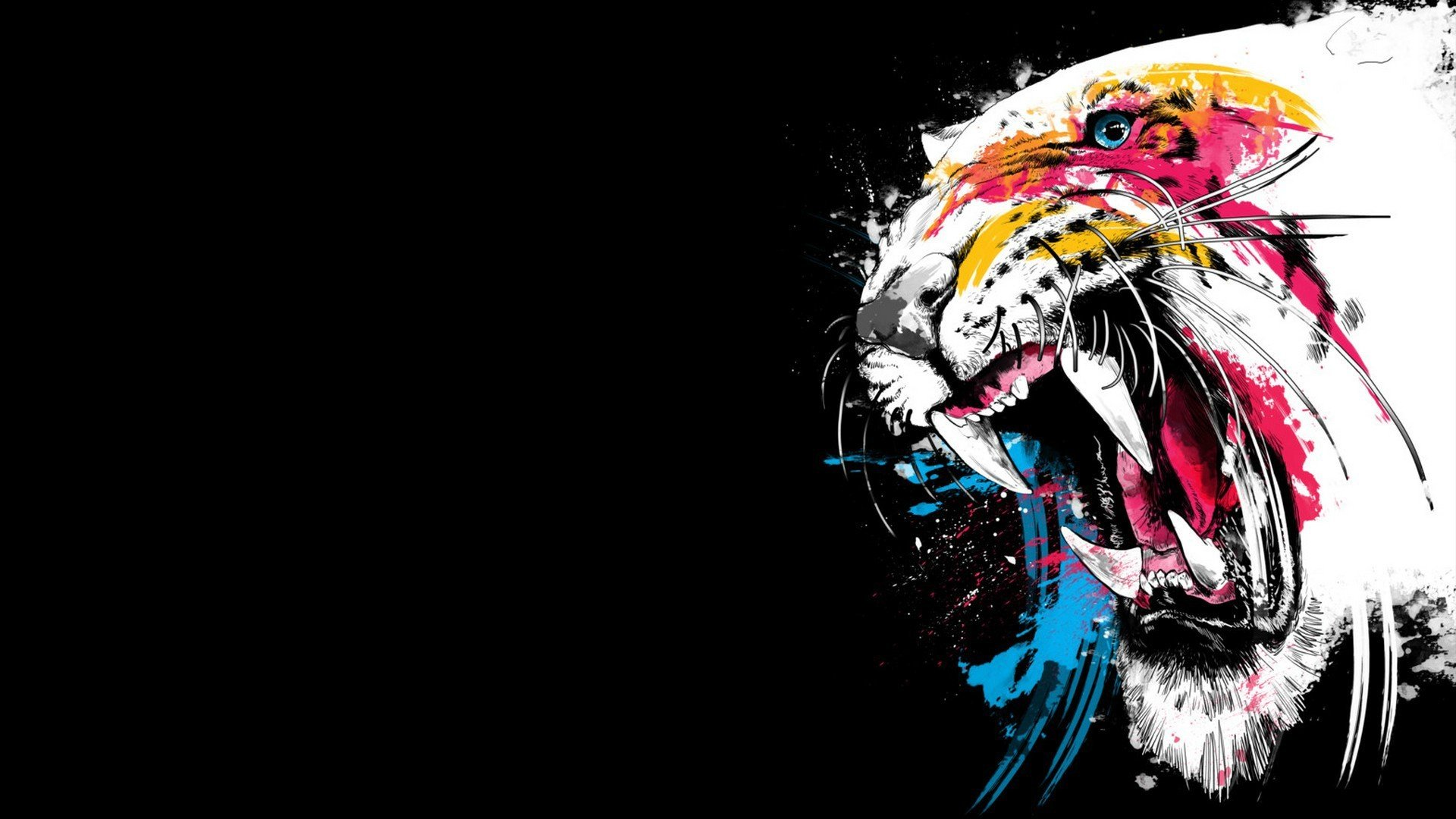 tigre hocico sonrisa colmillos pintura colores fondo