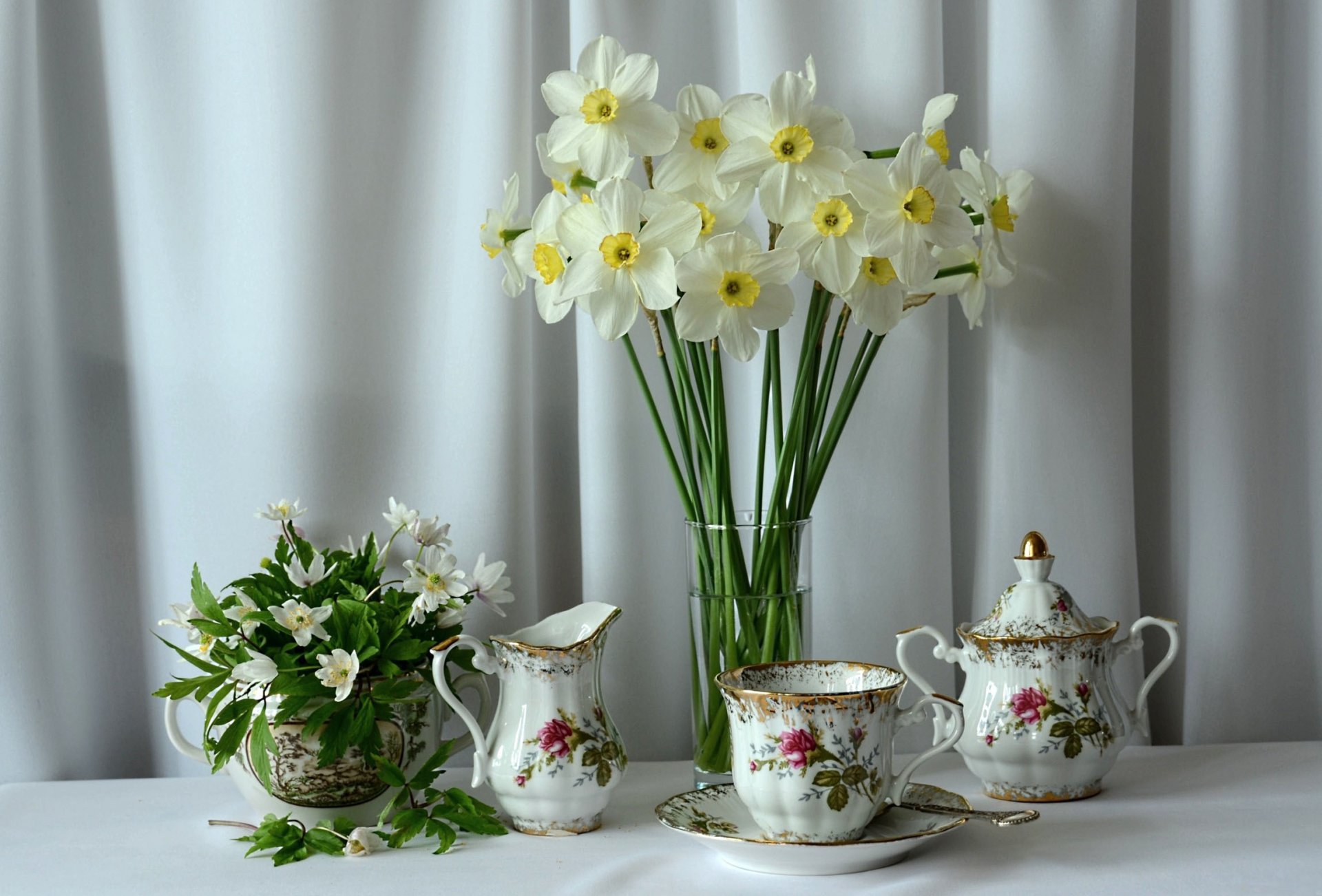 jonquilles blanc ensemble de thé fleurs fond tissu