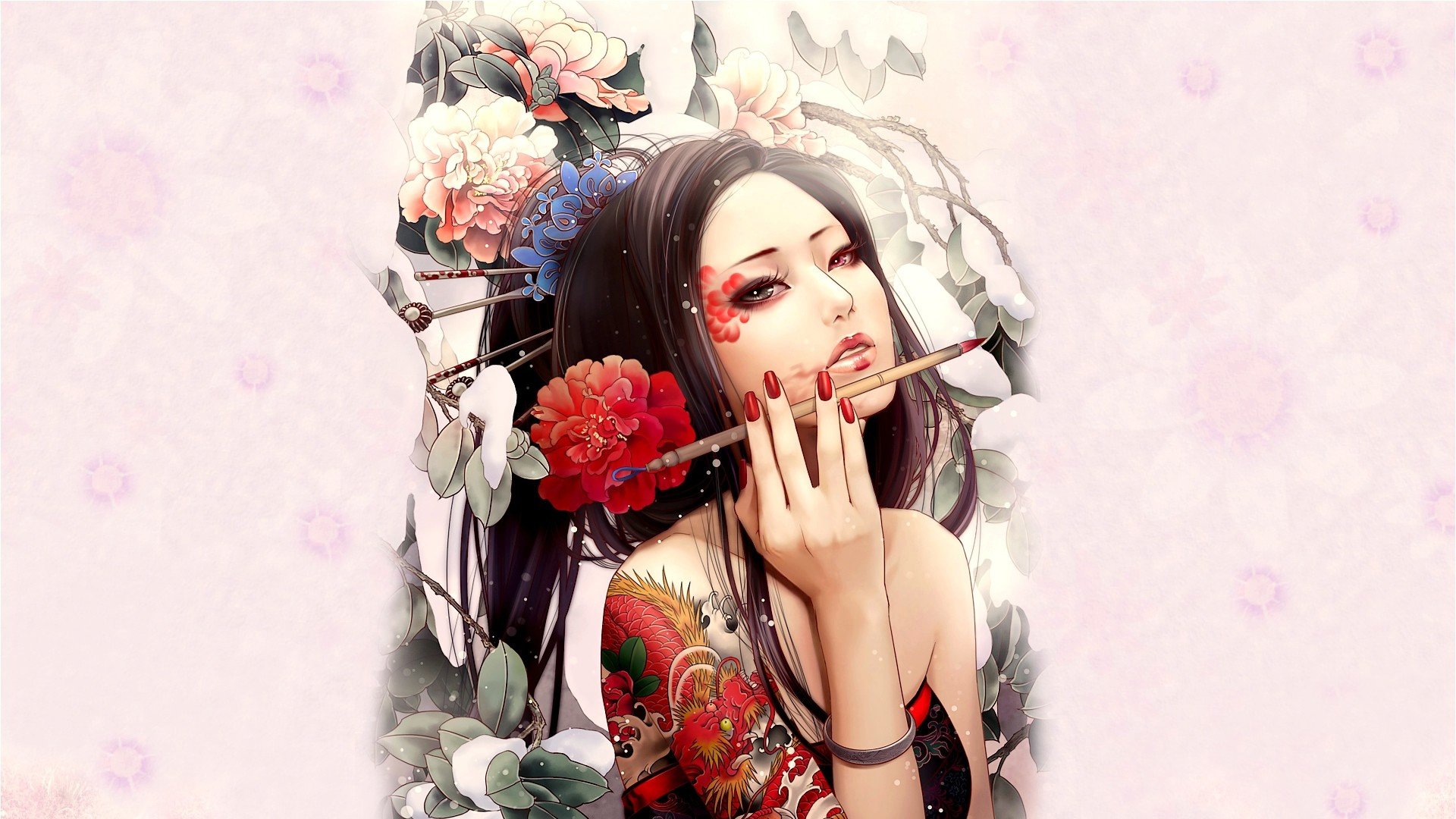 girl geisha flower view background