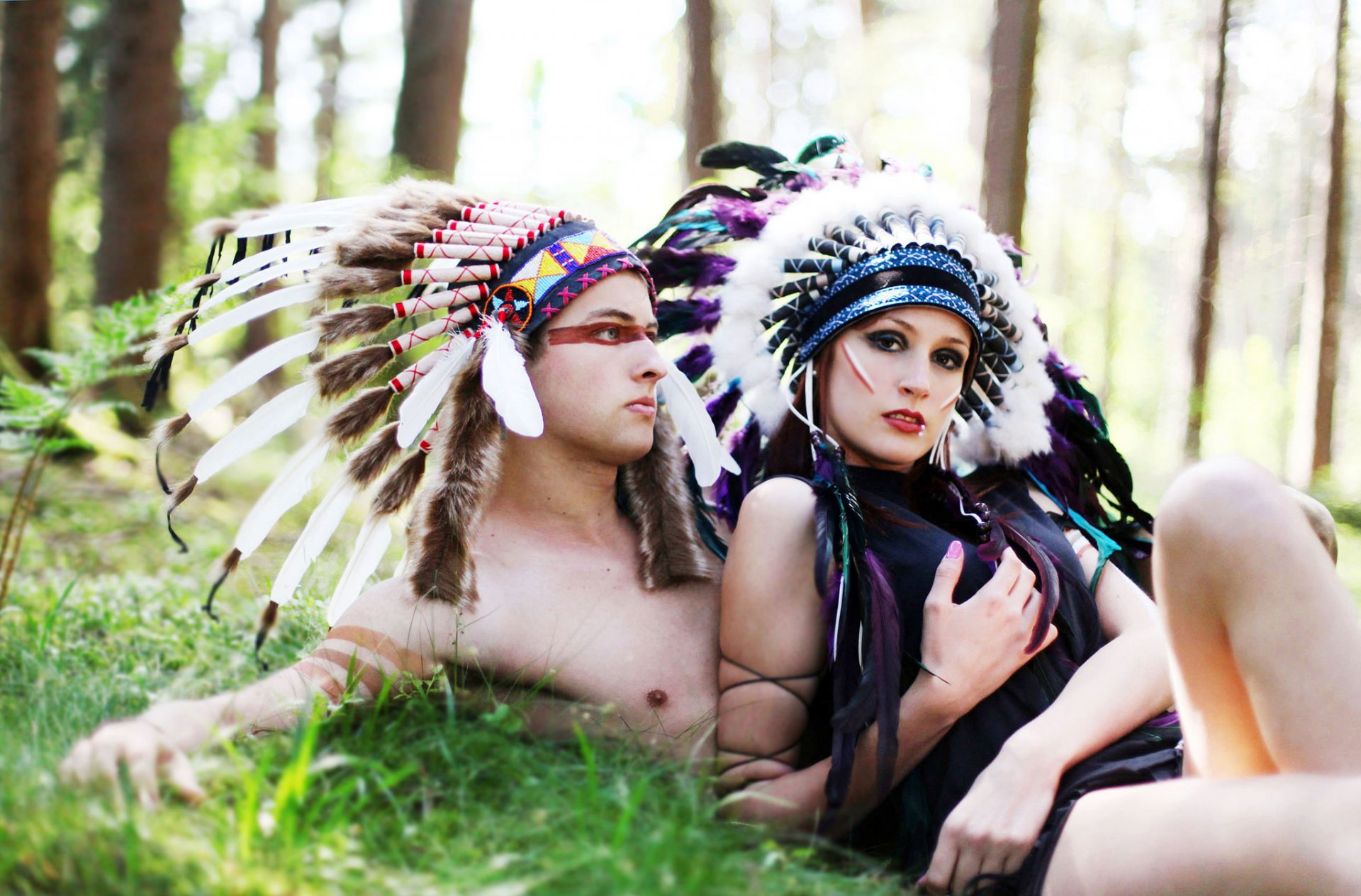 girl guy sports feathers paint forest nature blur