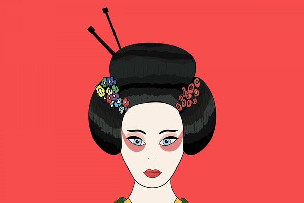 Dibujo de una Geisha sobre un fondo rojo