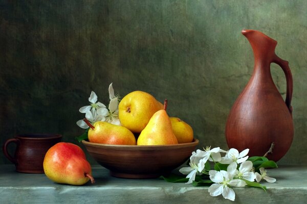 Still-life. Pears, flowers and a jug