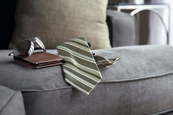 Composition of a tie glasses purse on the couch