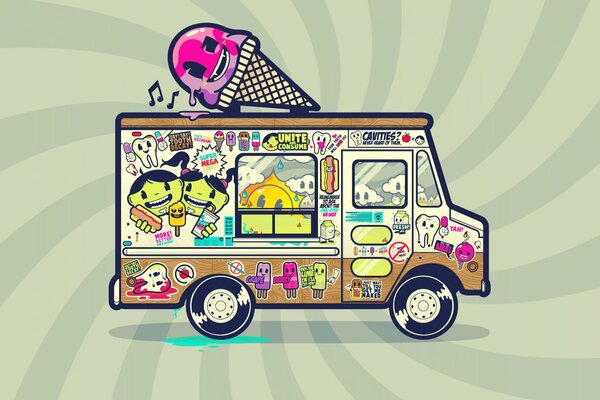 Van with ice cream stickers of different colors