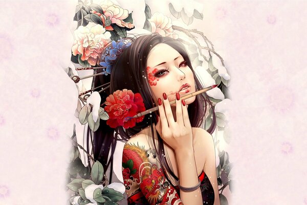 Geisha girl on a background of flowers