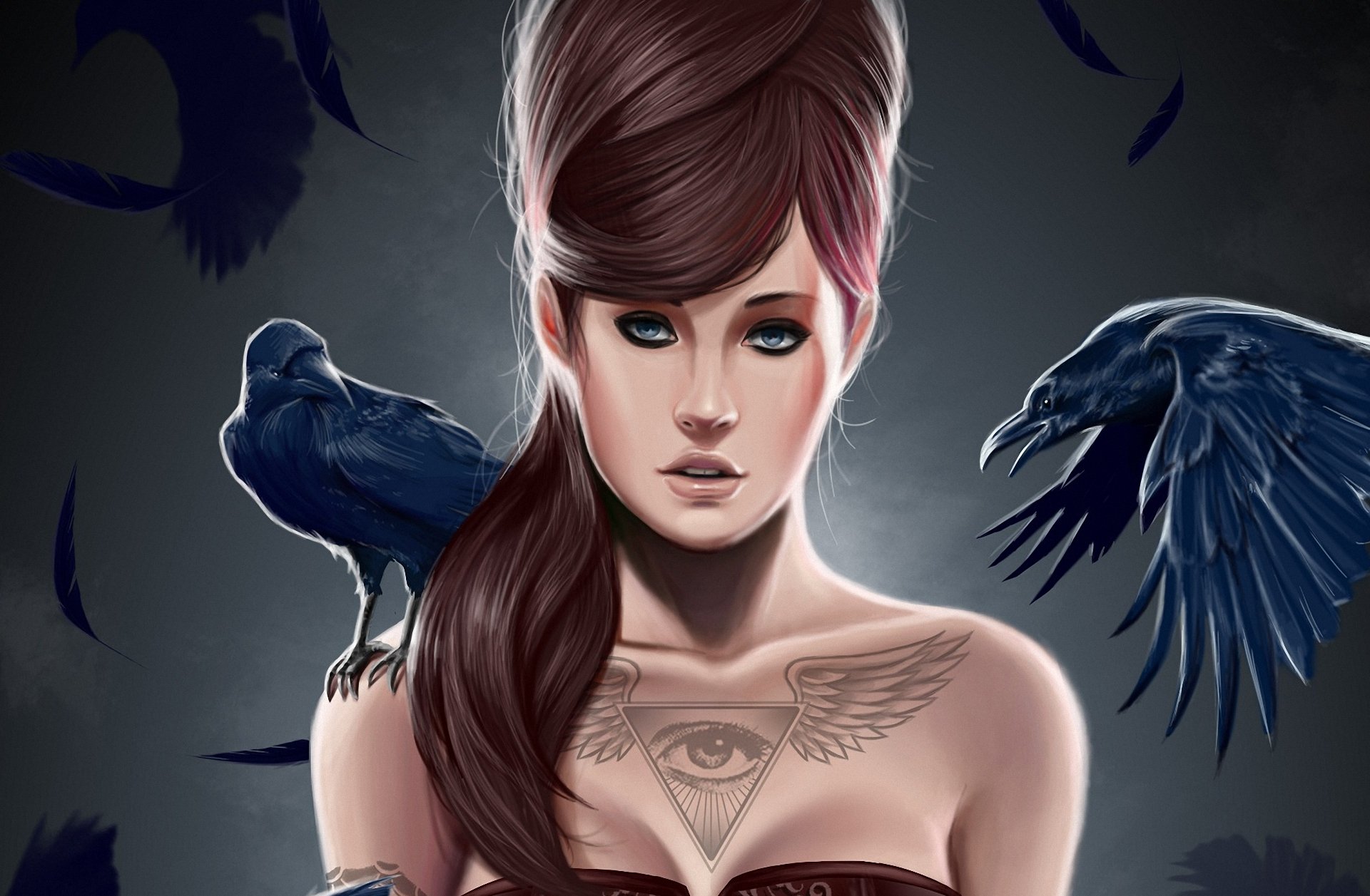 art girl hair style birds raven tattoos triangle eye wings feather