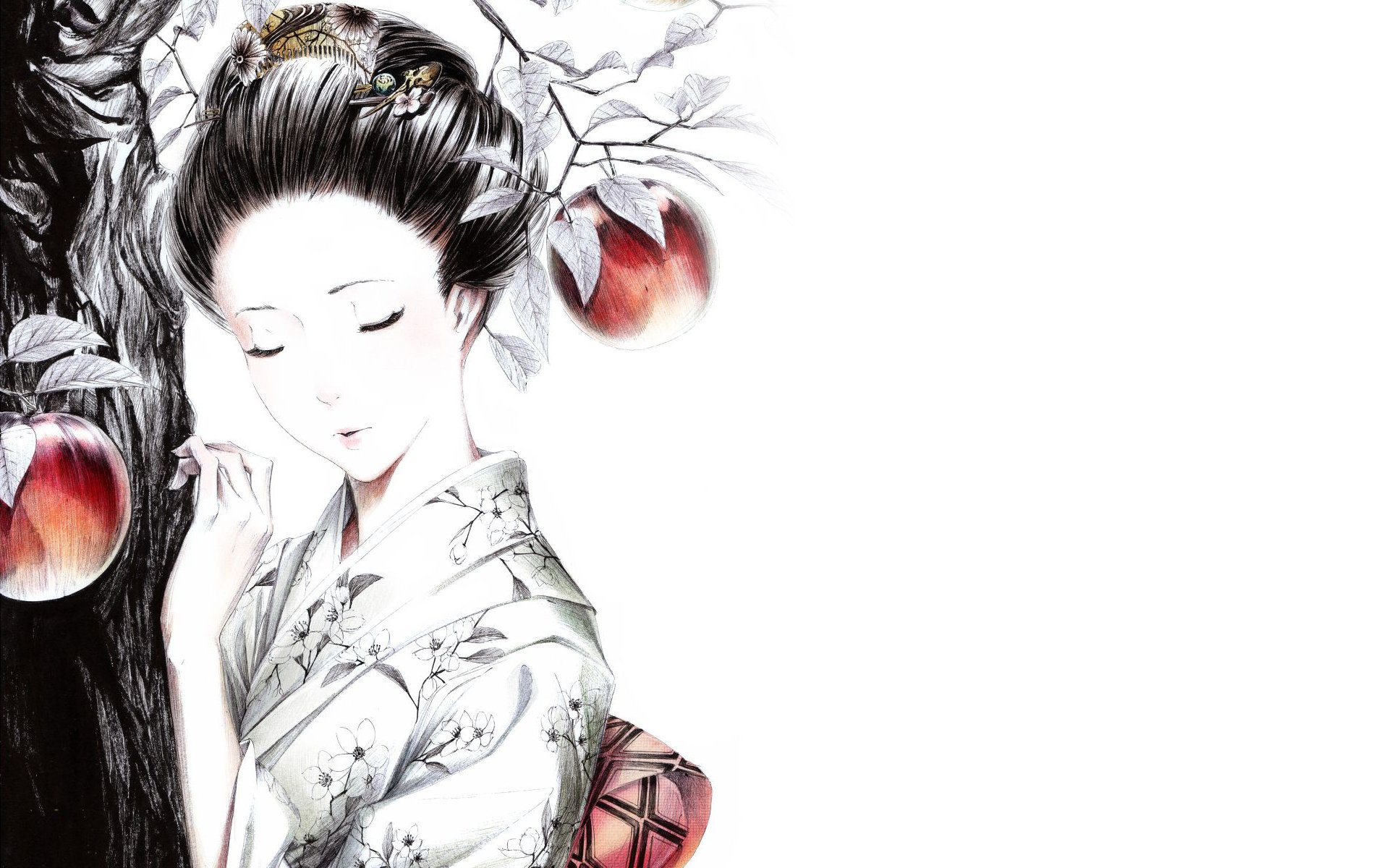 geisha ragazza albero mele kimono forcine gioielli