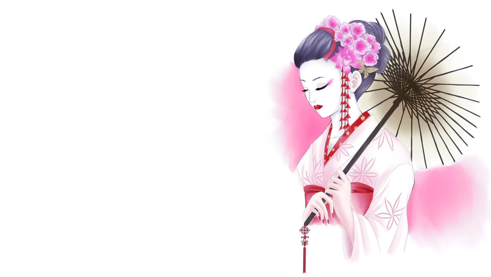 arte ragazza geisha kimono disegno sfondo bianco fiori ombrello