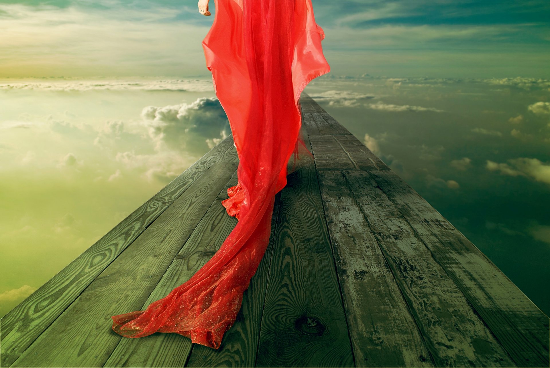 rot mädchen im roten kleid schleppe brücke himmel wolken ring