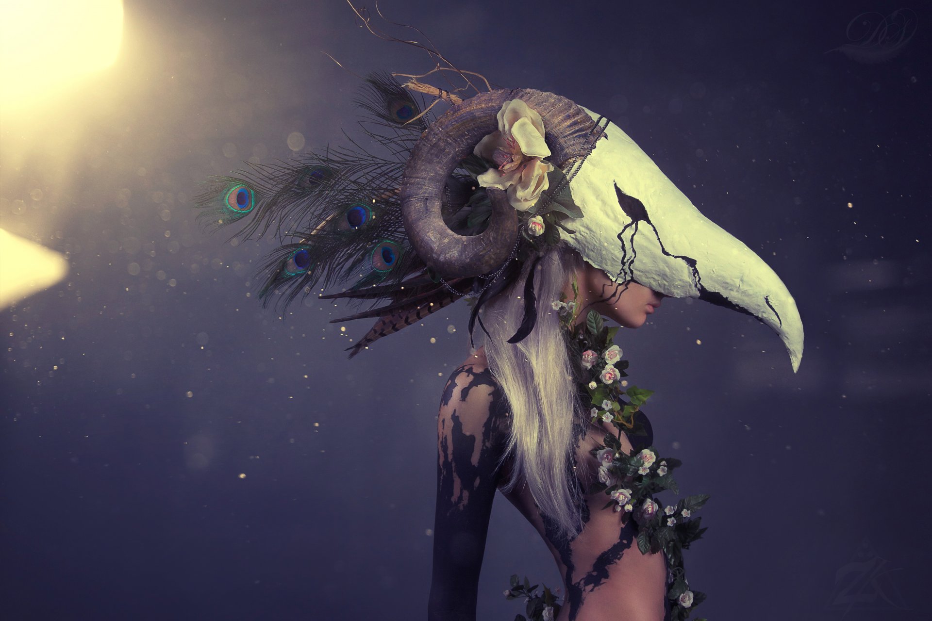 girl mask skull horn flower feathers peacock