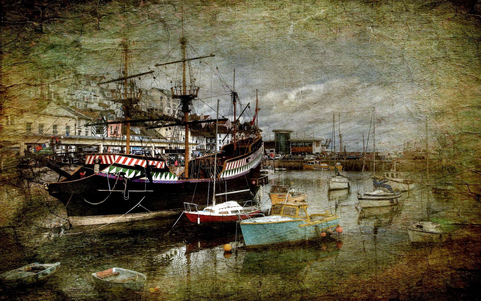 town river ships background style