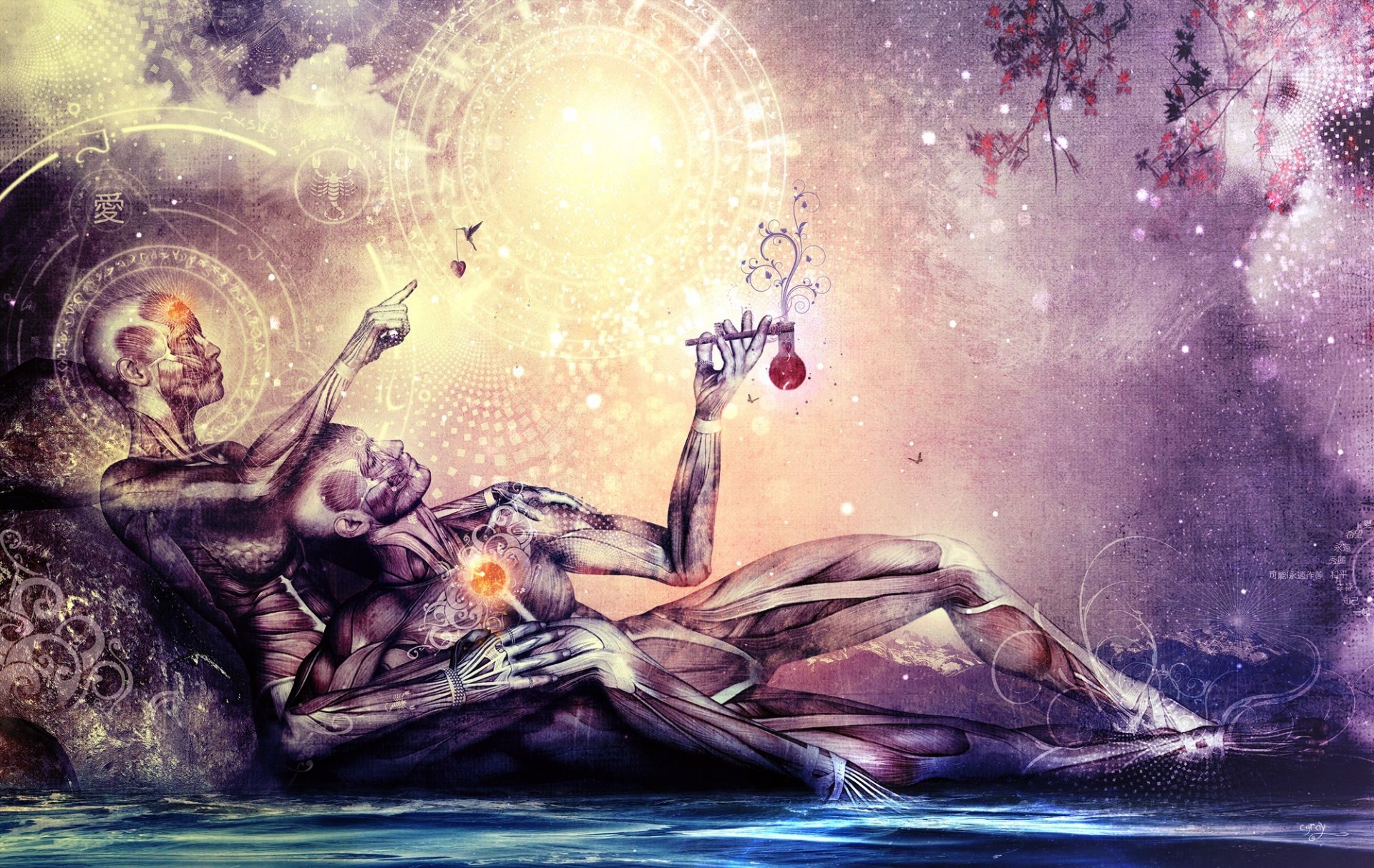 cameron gris arte dos hombre mujer anatomía chakras símbolos agua cielo contemplación esoterismo zodiaco