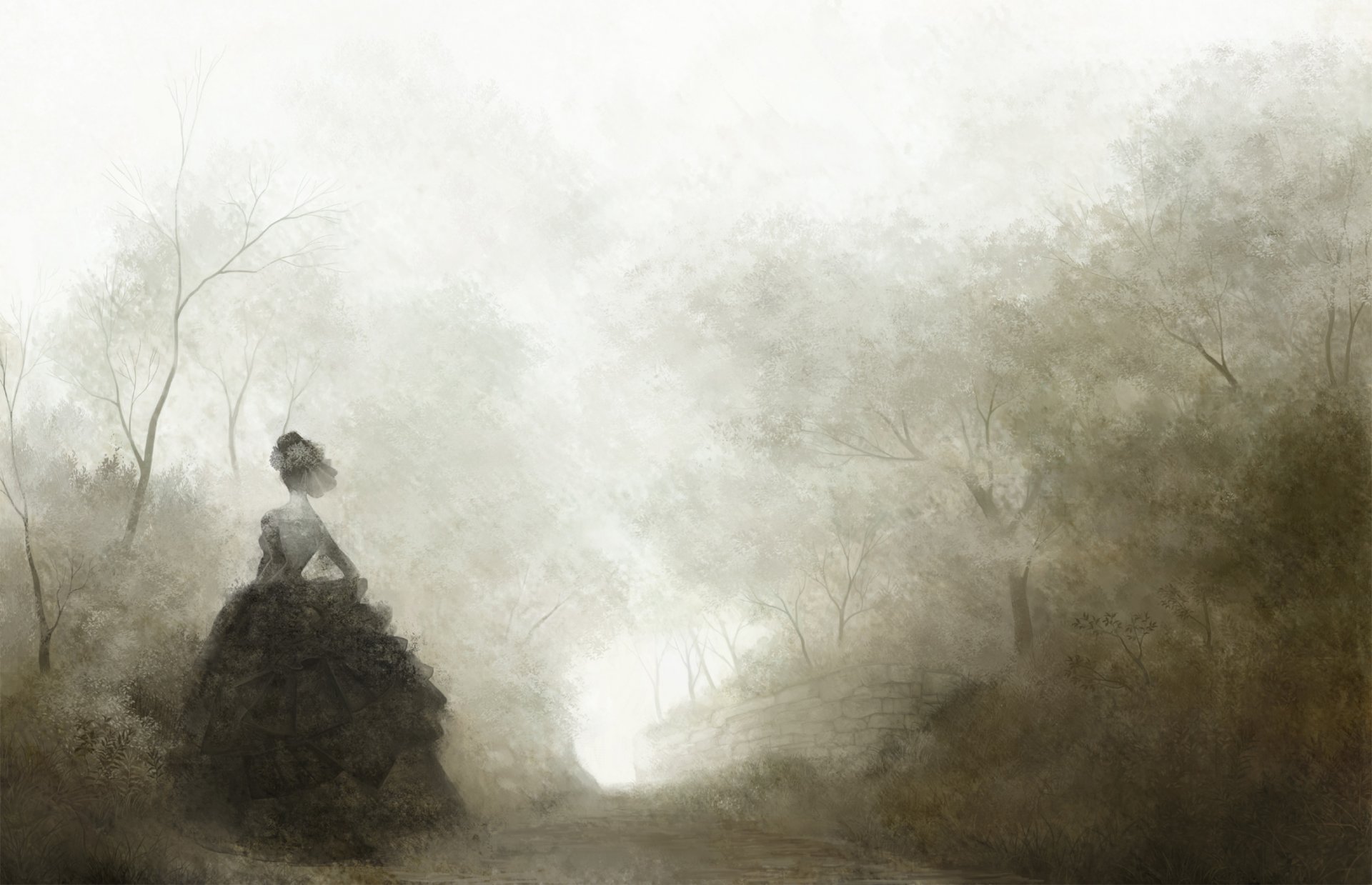 fille dame quinceanera noir arbres route brouillard solitude