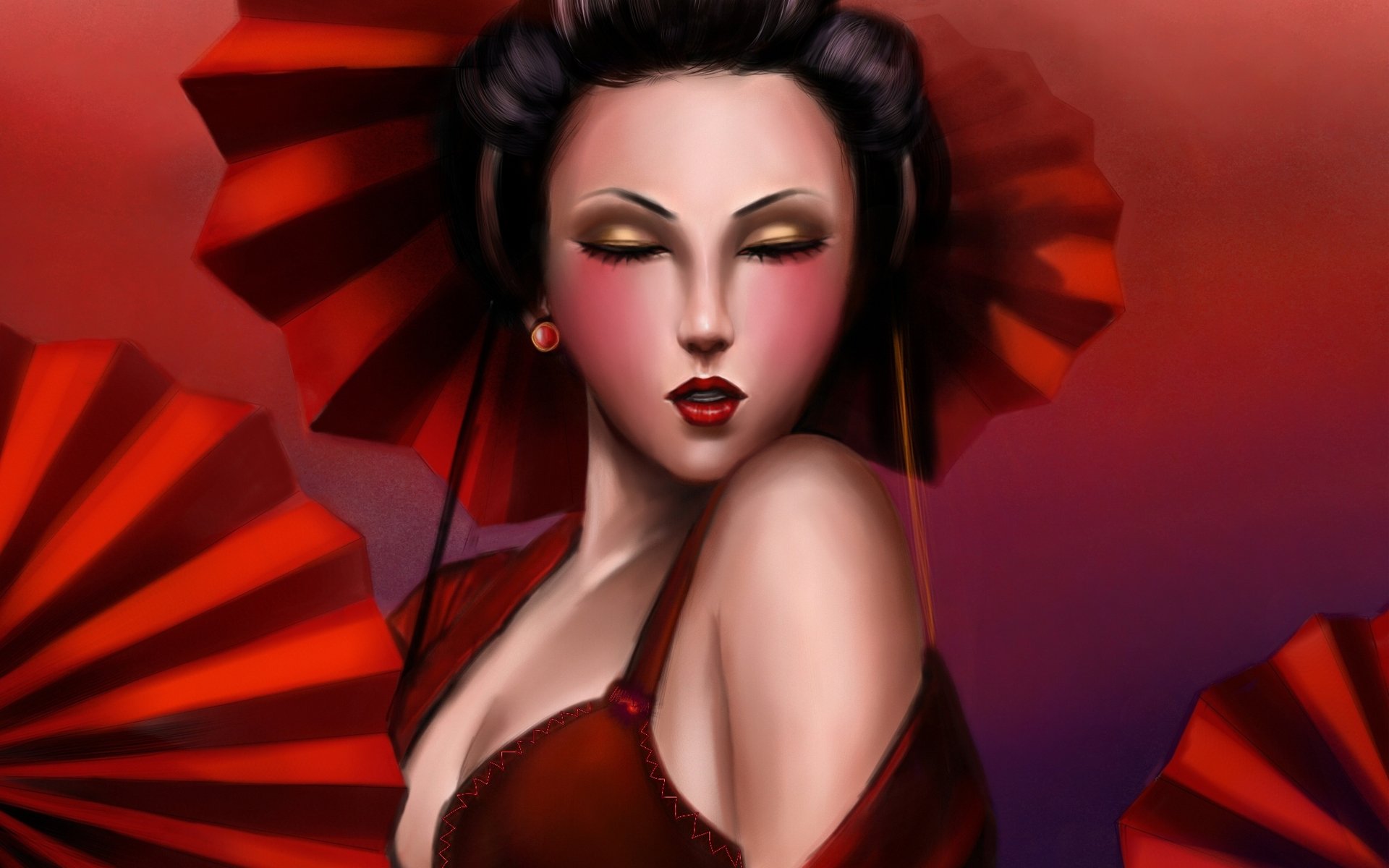 arte lilyzou ragazza geisha faccia ombrelli rosso