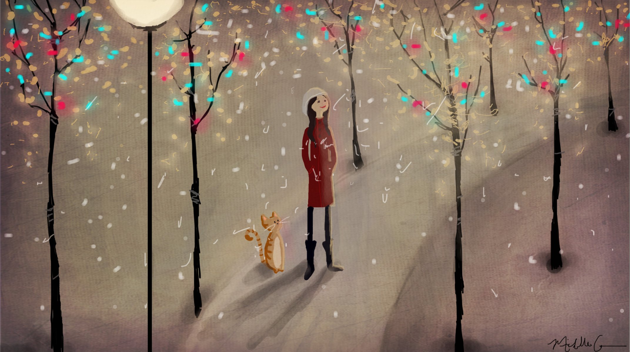 dibujo ilustración niña gato invierno árboles linterna parque nieve camino