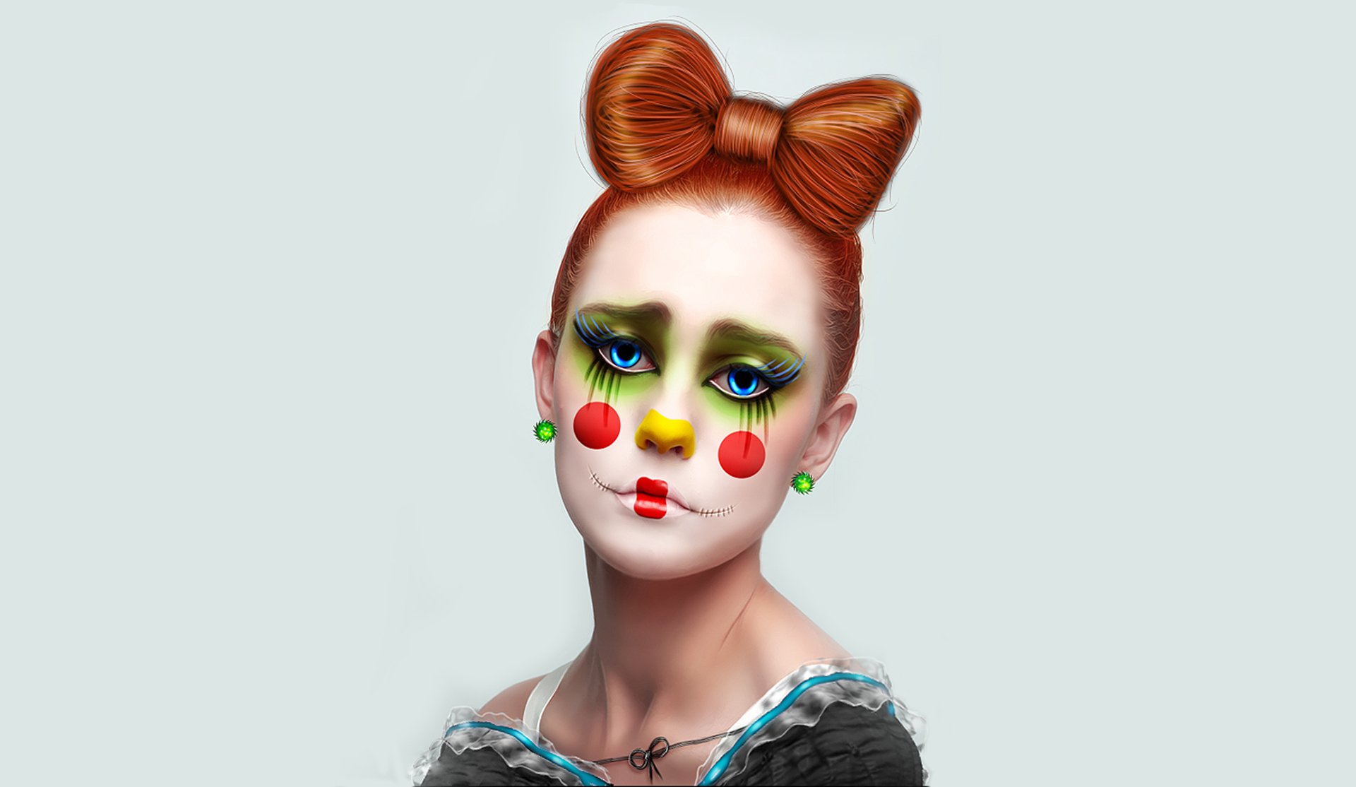 clown ragazza cuciture fiocco capelli rossi orecchini