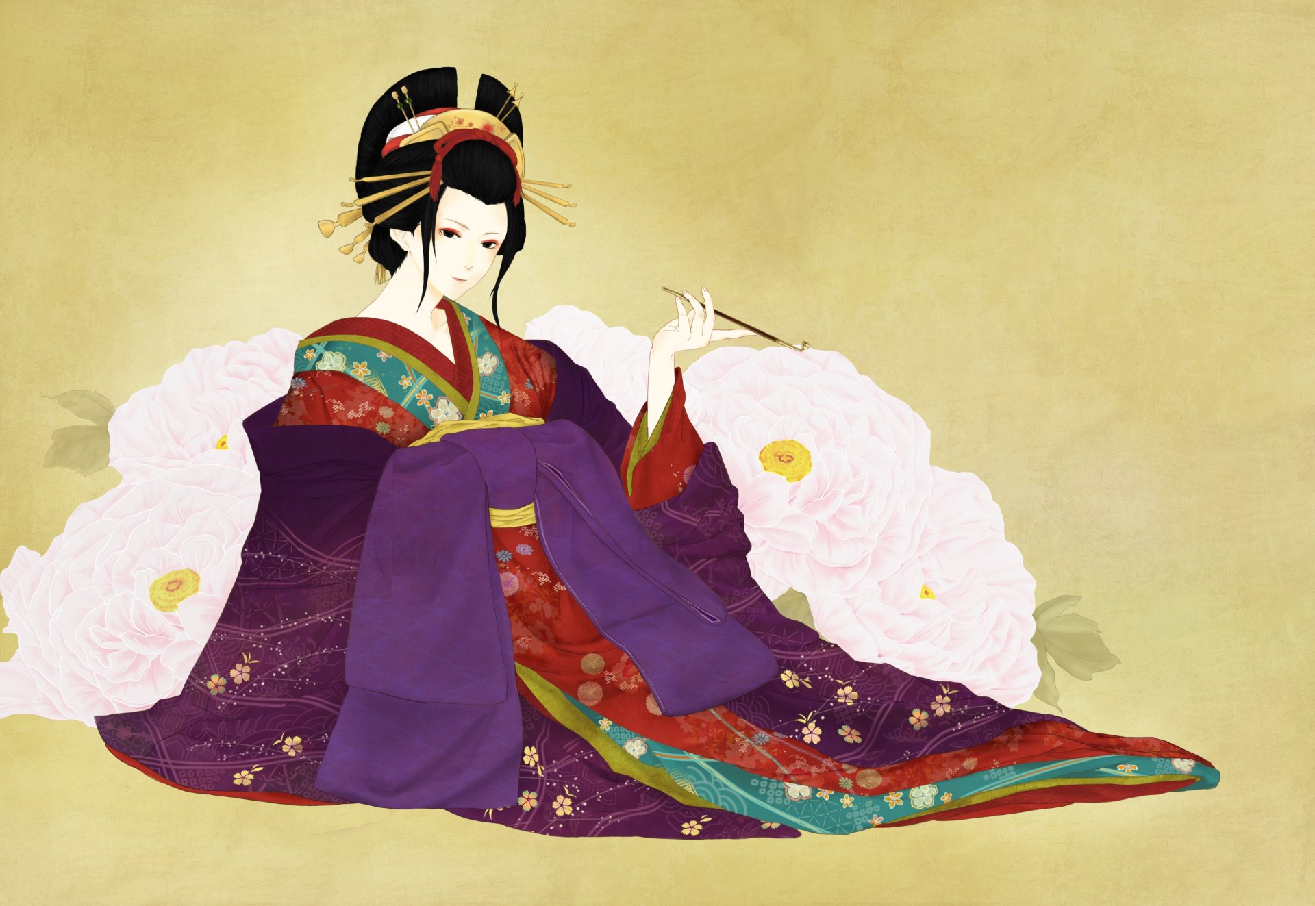 art fille fond geisha pivoines fleurs embouchure kimono