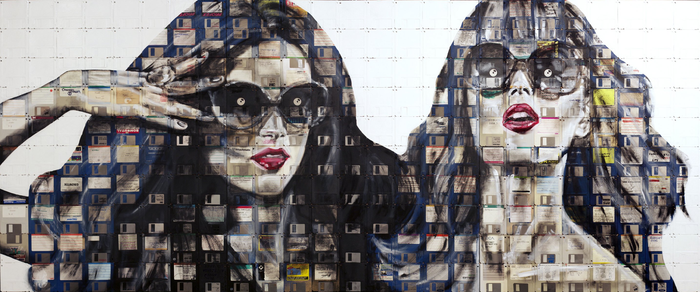 nick gentry nick gentry style floppy disks girls portrait floppy art floppy art art paint look eyes emotions glasse