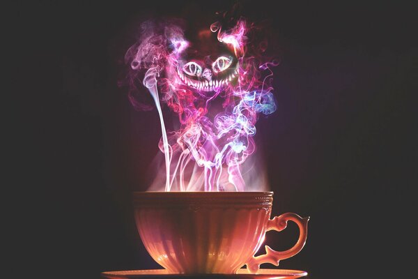 Glowing Cheshire cat from a cup