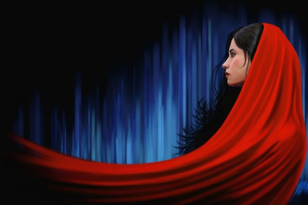 A beauty in a red cape on a blue background