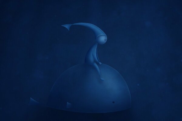 Blue whale with a man on a blue background