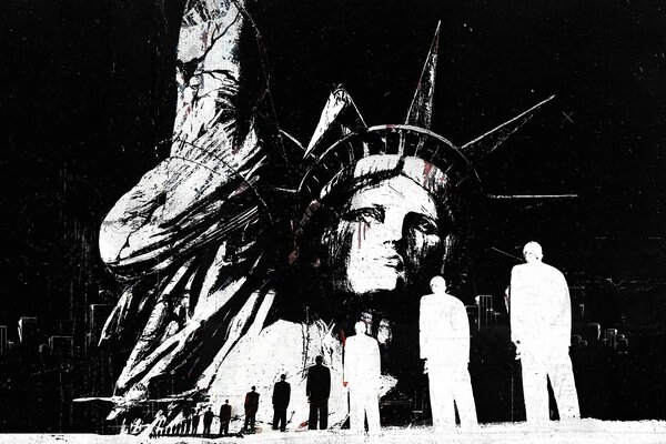 Silhouetten von Menschen auf dem Hintergrund der Freiheitsstatue